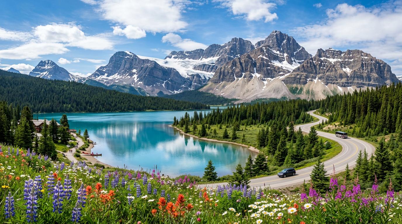 Banff National Park panoramic view — turquoise Bow Lake, wildflower meadows and dramatic Rocky Mountain peaks on a full-day tour from Calgary | Beyond Rockies Tours