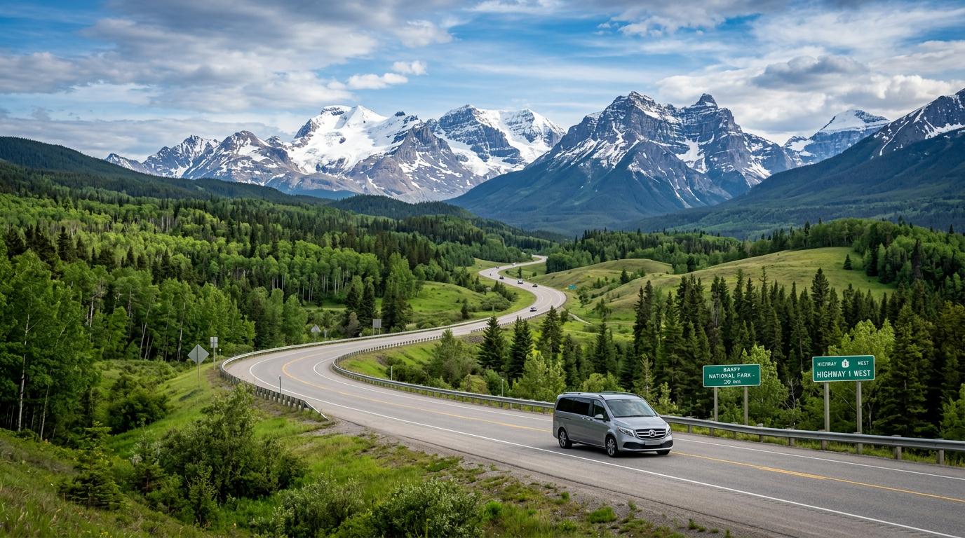 Calgary to Banff — Trans-Canada Highway with snow-capped Rocky Mountains rising on the horizon | Beyond Rockies Tours