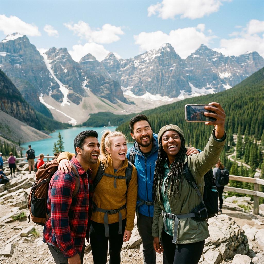 Tour group at Lake Louise on a private Banff day trip from Calgary