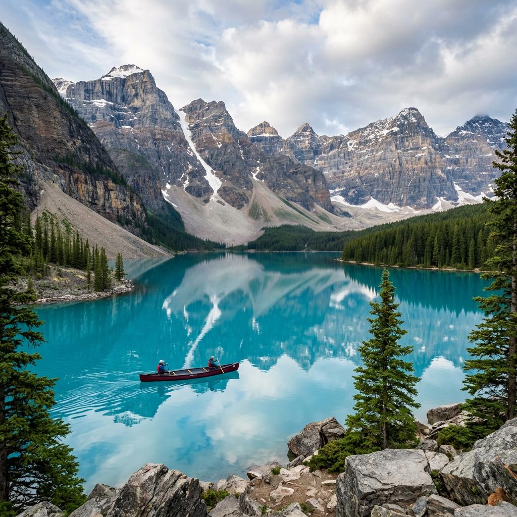 Red canoe on Lake Louise turquoise water during a private tour