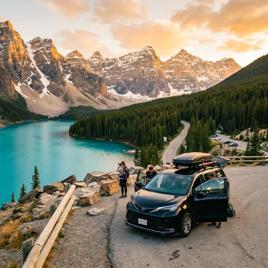 Chrysler Pacifica van at scenic overlook on Calgary to Banff tour