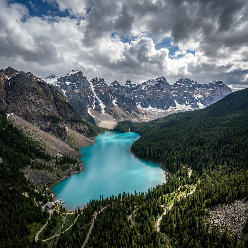 Mountain lake aerial view on private Calgary Rockies tour