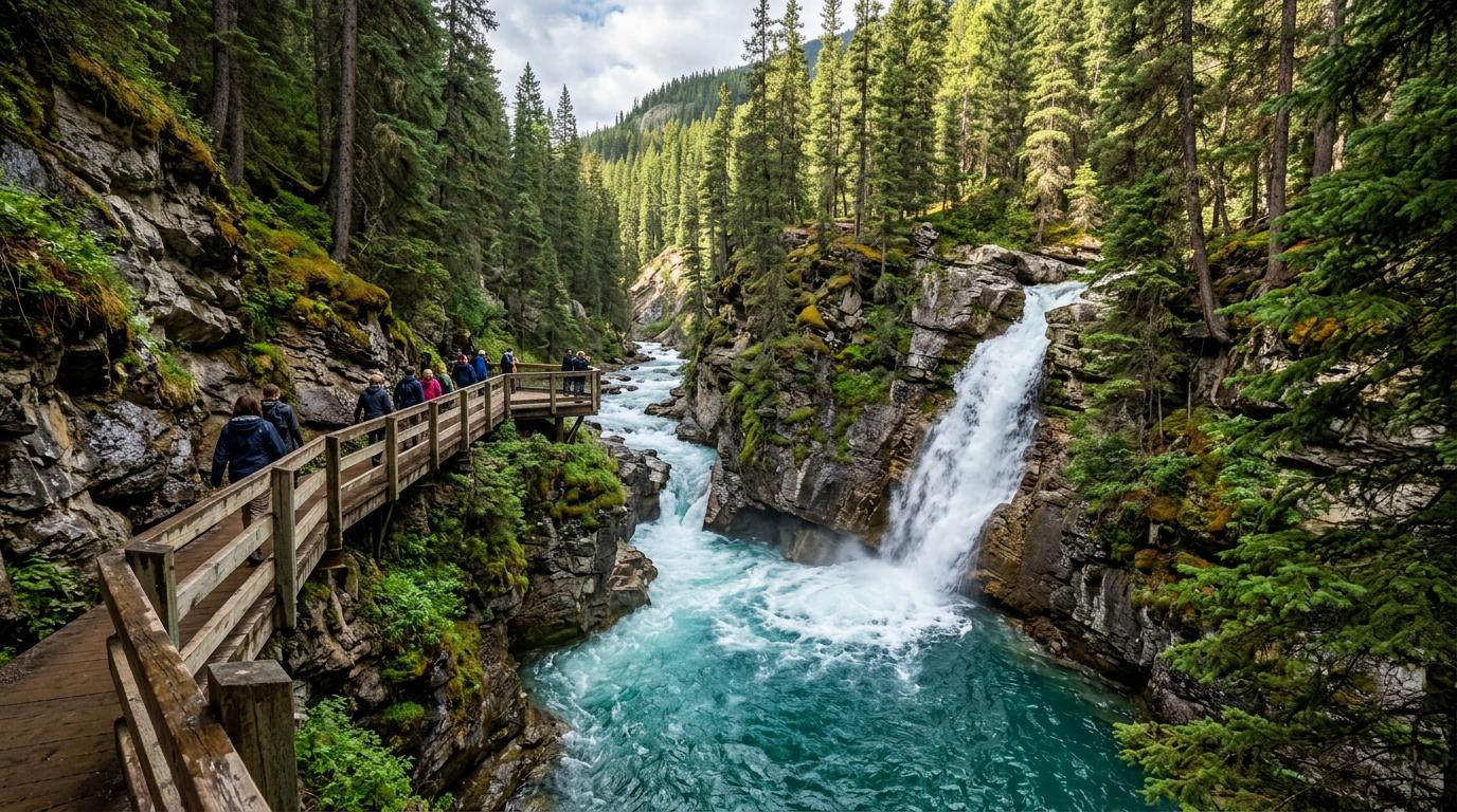 Johnston Canyon Lower Falls — crystal turquoise water rushing through the narrow limestone gorge with boardwalk trail in Banff National Park | Beyond Rockies Tours