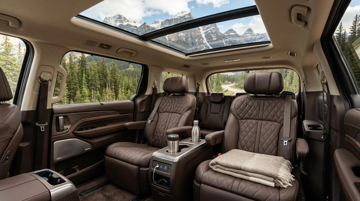 Chrysler Pacifica leather interior with panoramic windows for Rockies sightseeing