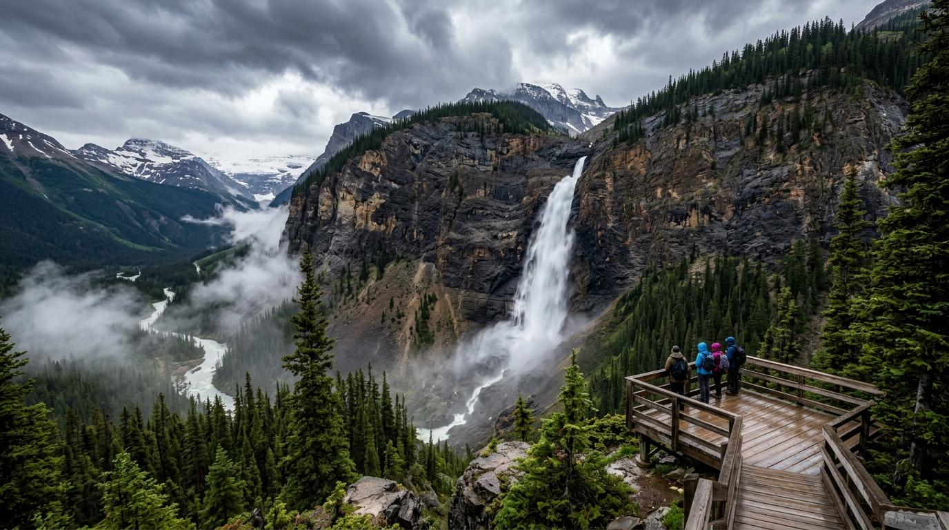 Yoho National Park Tour — Takakkaw Falls plunging 373 metres into the misty valley | Beyond Rockies Tours